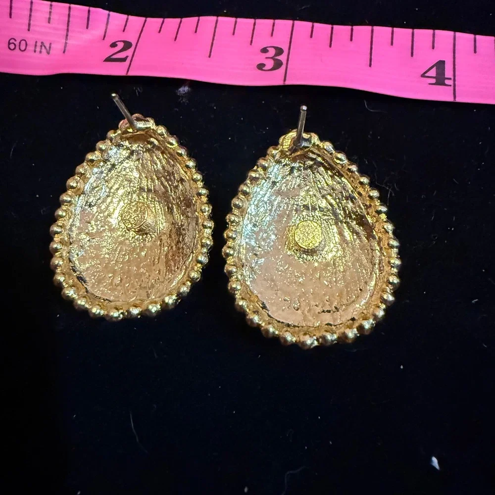 Vintage‎ Black Gold Teardrop Statement Stud Earrings Ornate Beaded Border Post